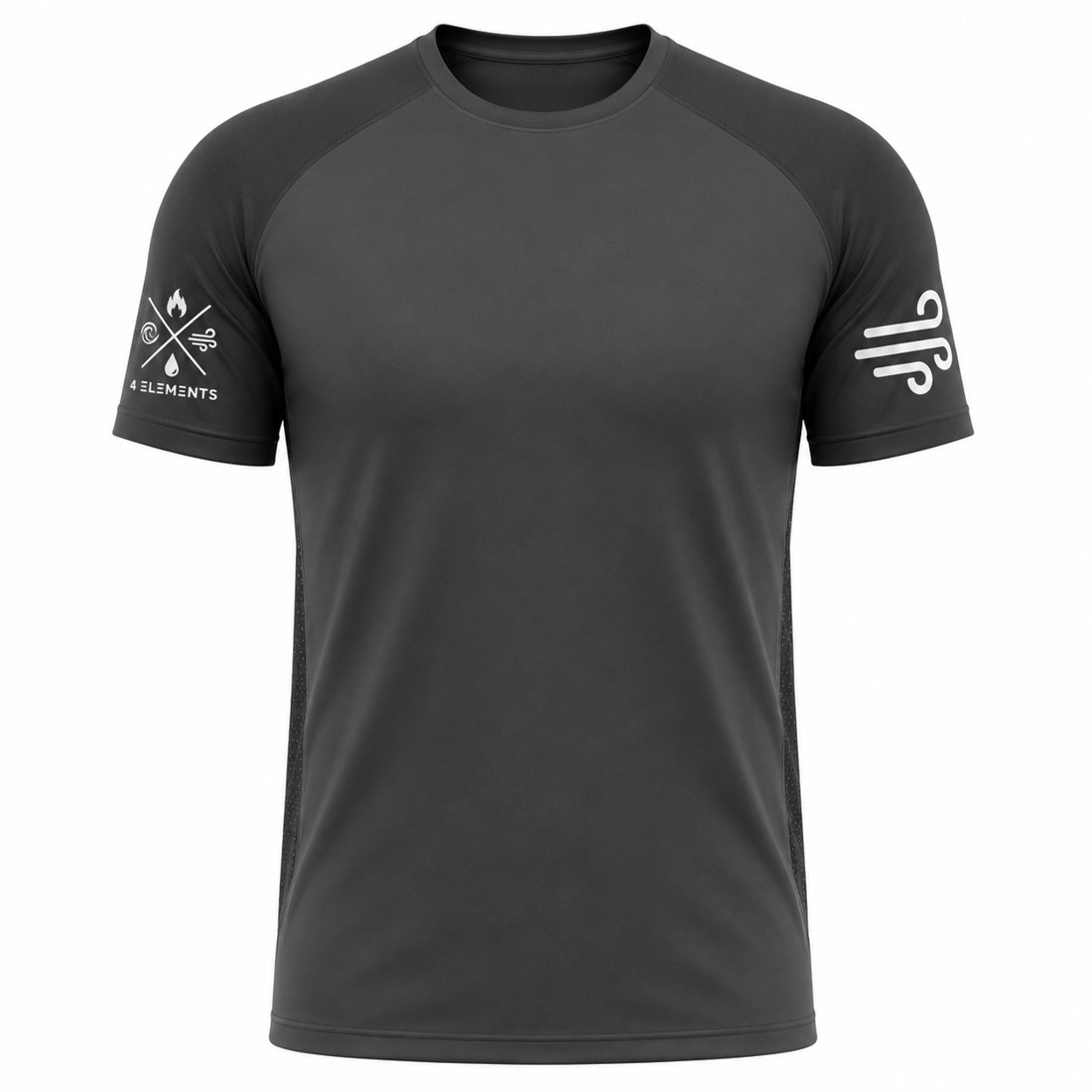 Wind emblem tee in graphite with gust mark on the sleeve
